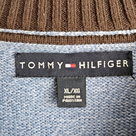 Tommy Hilfiger Mens Pullover Blue Sweater. Brown Trim Sz XL - Picture 10 of 11